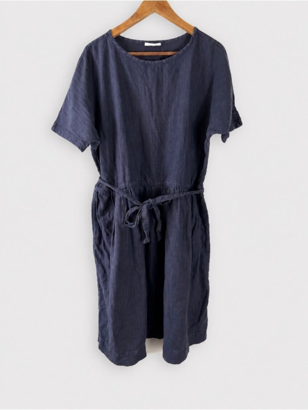 TOAST Linen Cotton Gathered Waist Smock Dress Petrol Grey Size 14UK US 10 Midi
